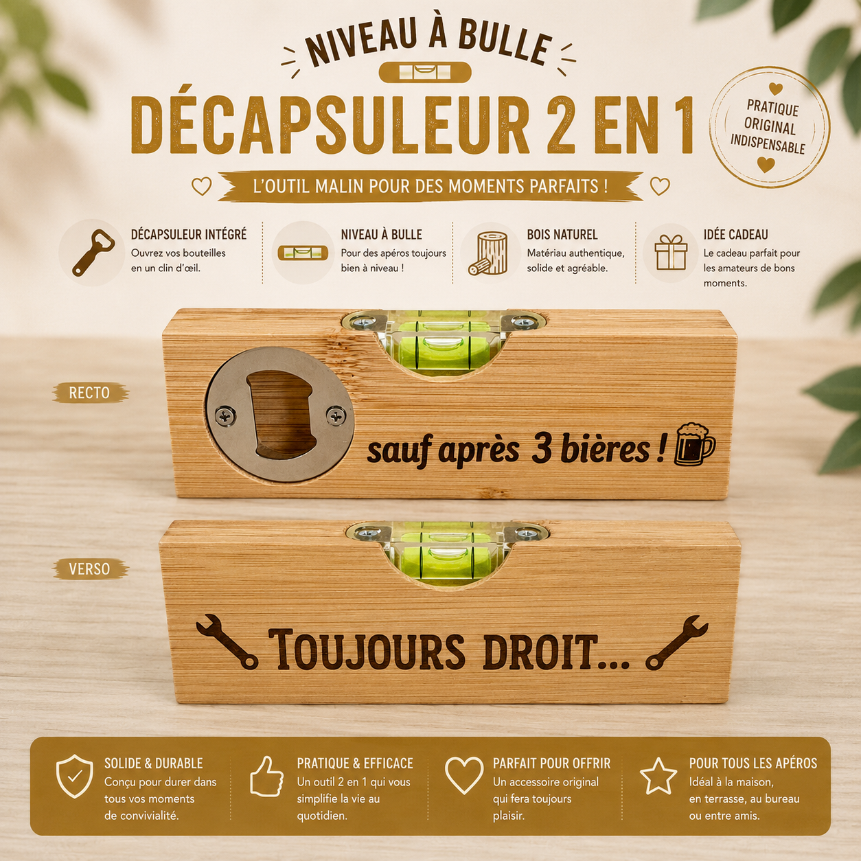 Engraved bamboo spirit level – bottle opener option