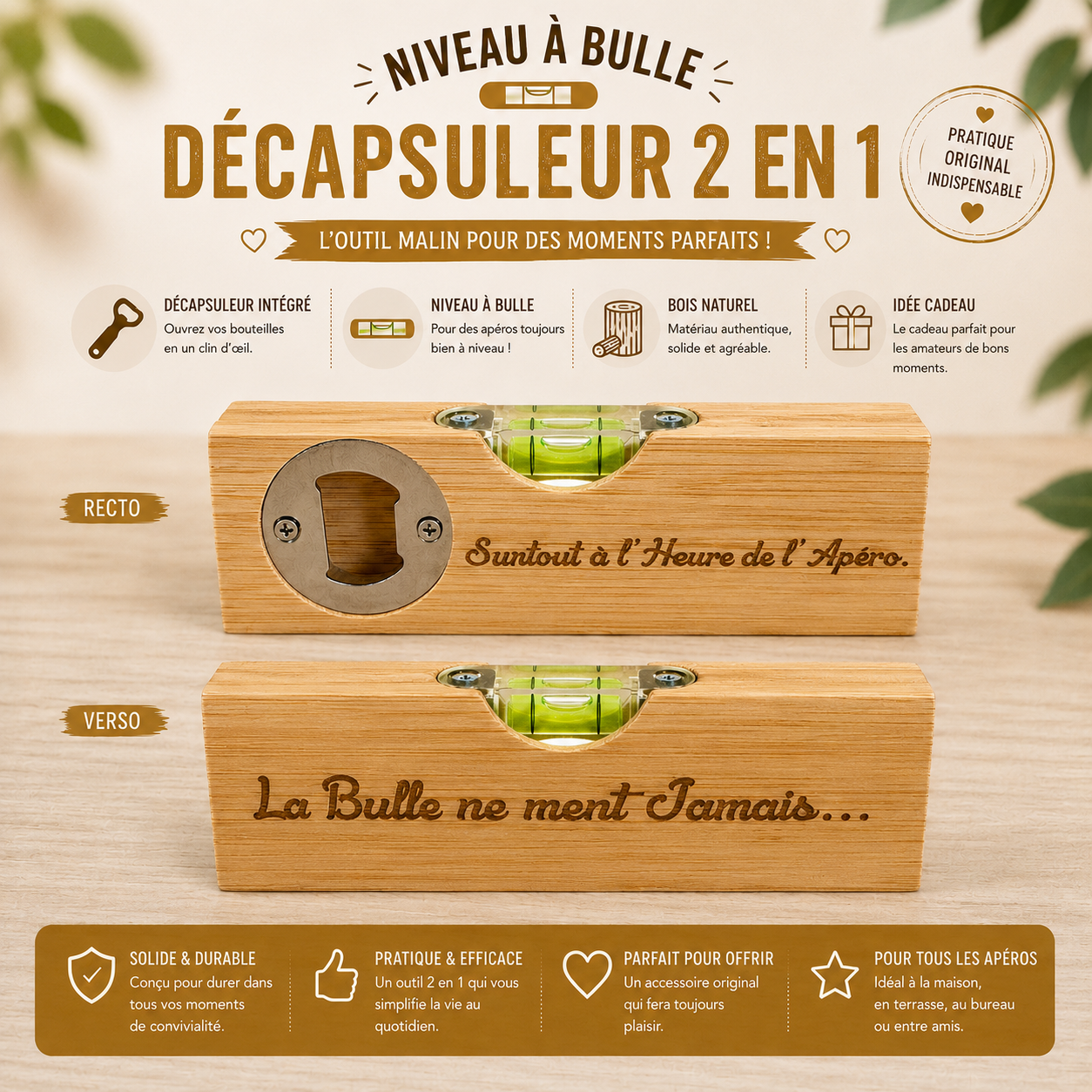 Engraved bamboo spirit level – bottle opener option