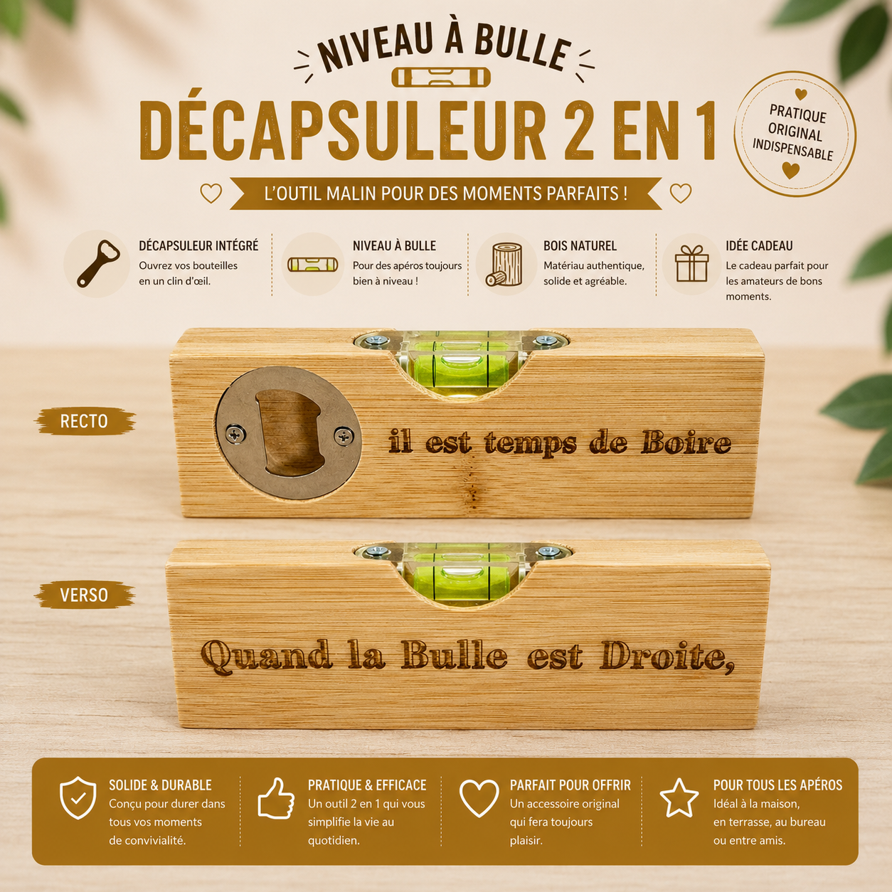 Engraved bamboo spirit level – bottle opener option