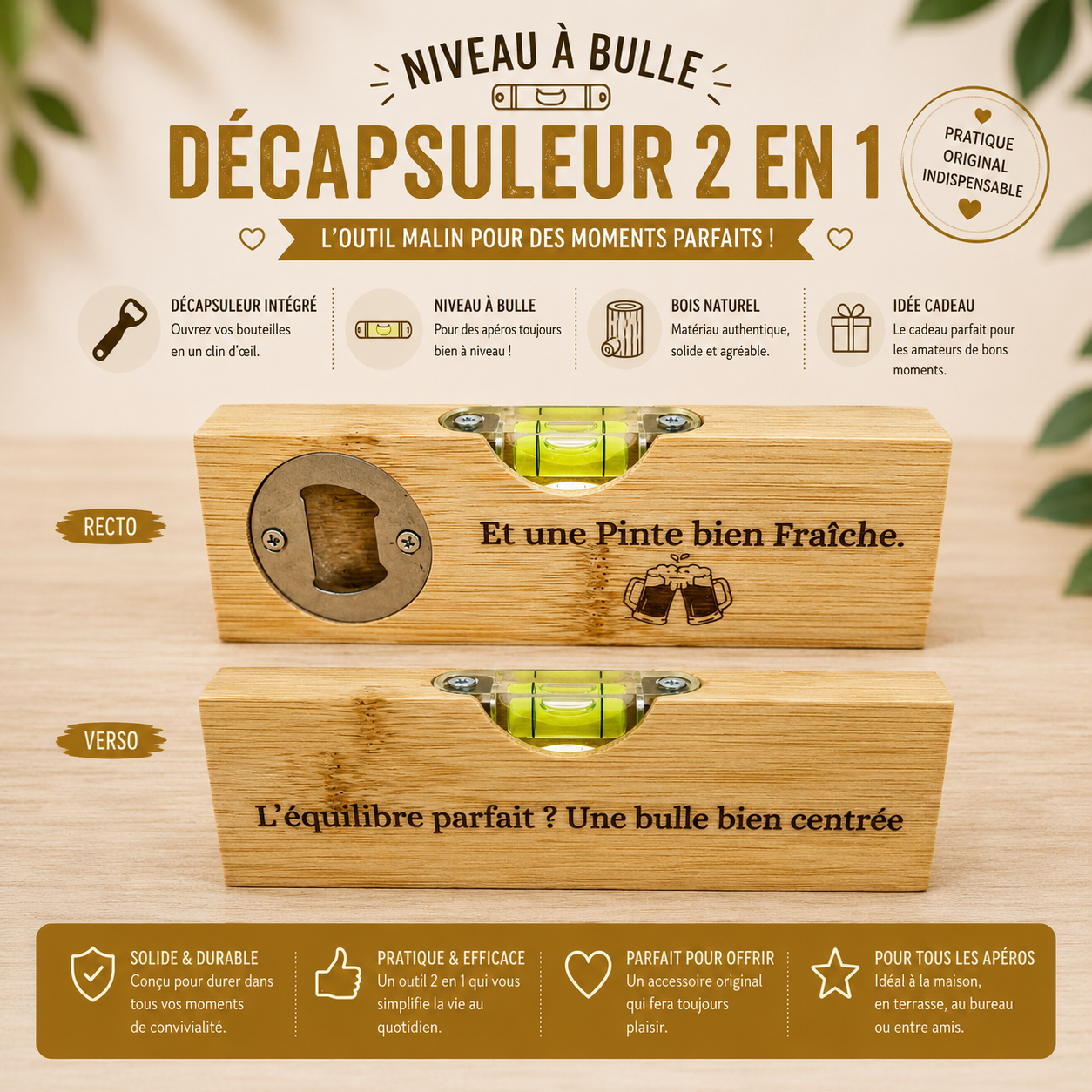 Engraved bamboo spirit level – bottle opener option