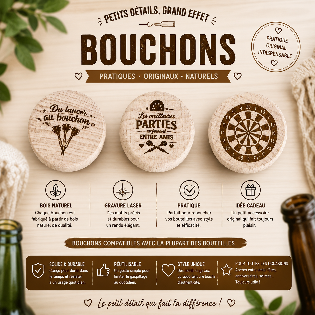 🍷 Bouchon de vin en bois – Thème Fléchettes