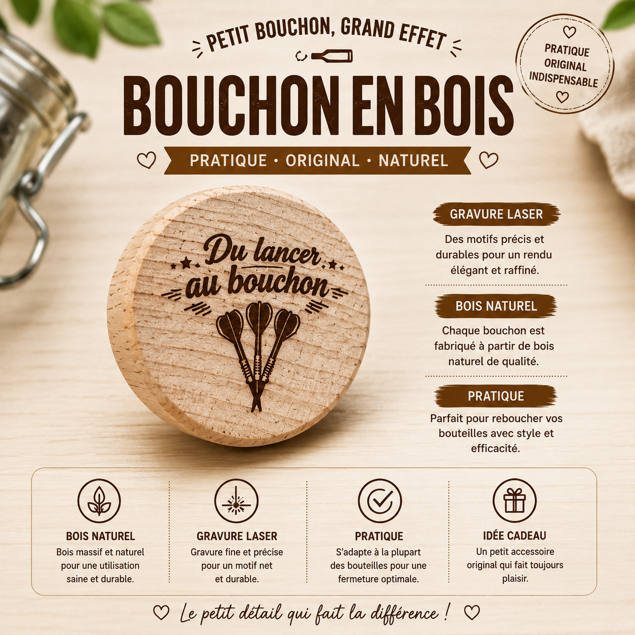 🍷 Bouchon de vin en bois – Thème Fléchettes