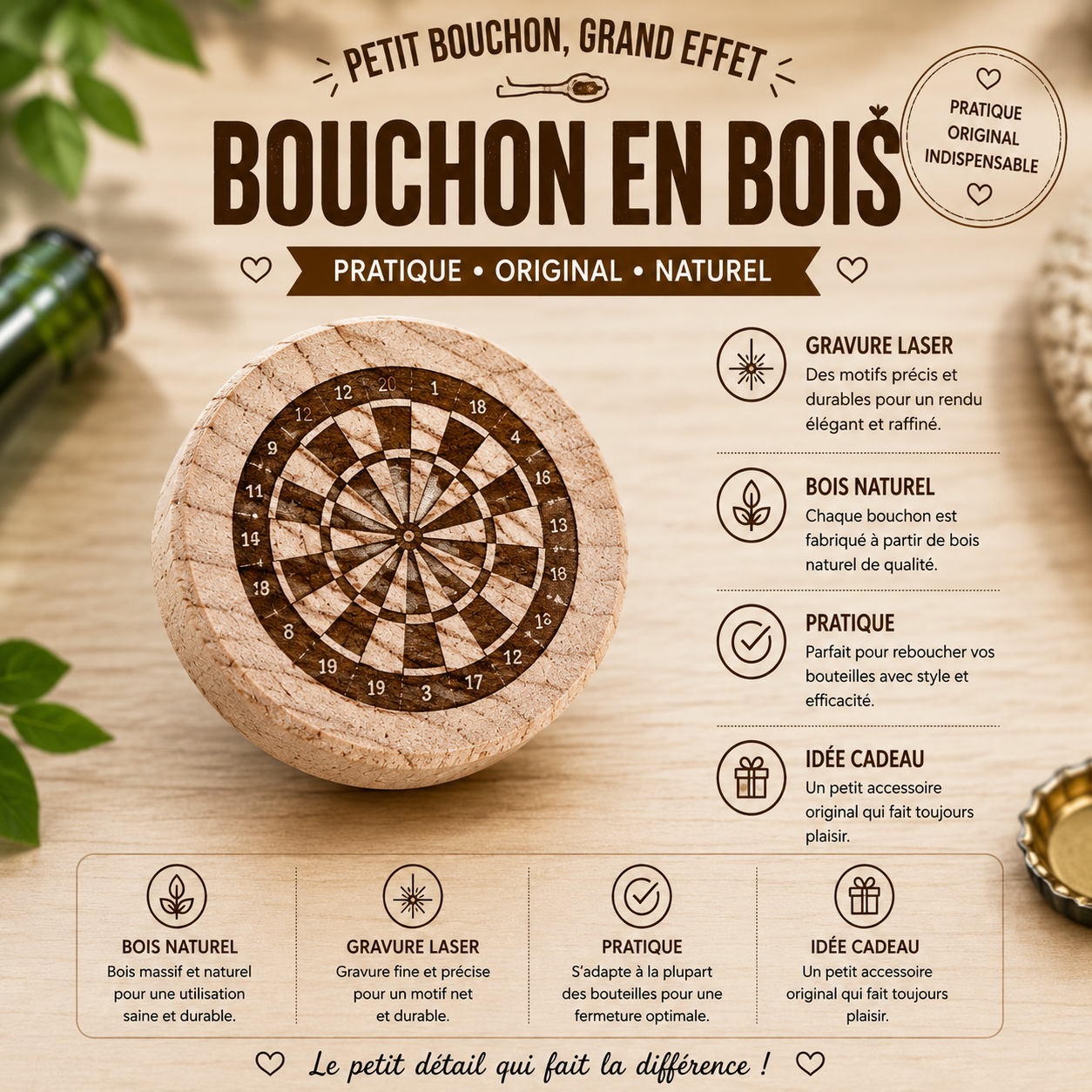 🍷 Bouchon de vin en bois – Thème Fléchettes