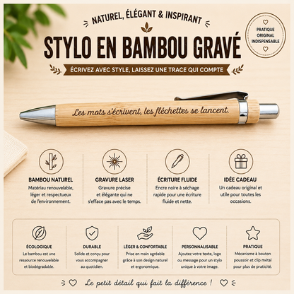 ✒️ Stylo en bambou gravé – Thème Fléchettes