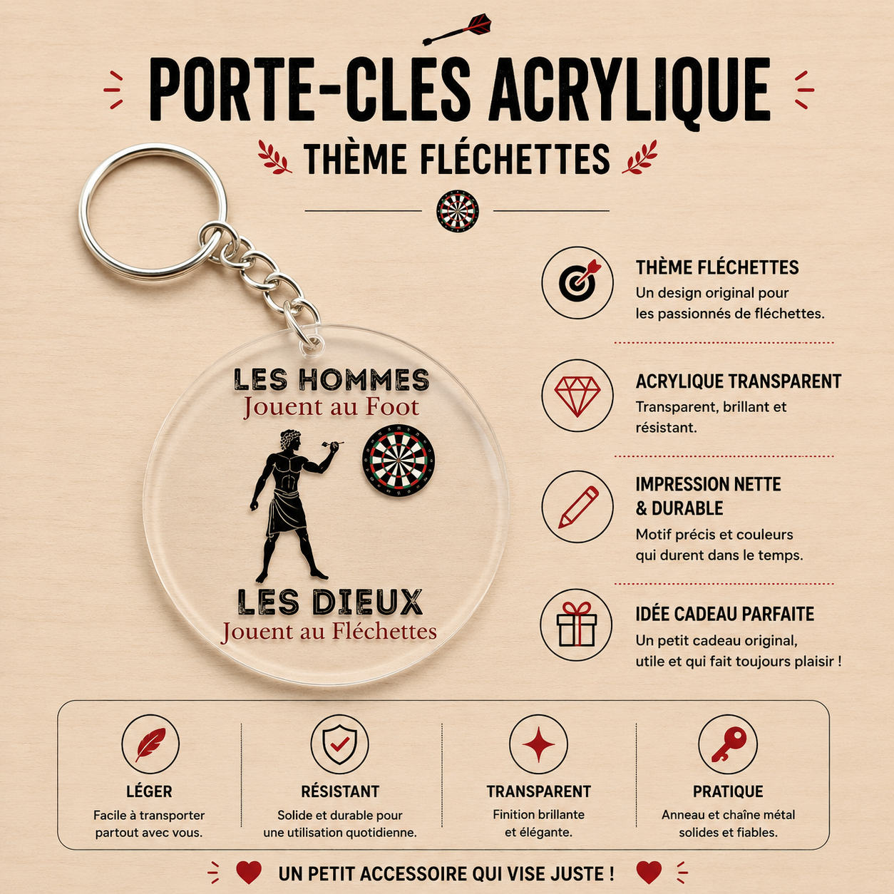 Humorous Darts Keyring – "Men play football, gods play darts"