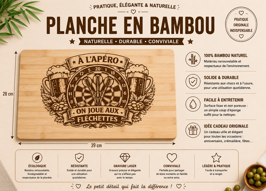 Planche à découper en bois – À l’apéro on joue aux fléchettes