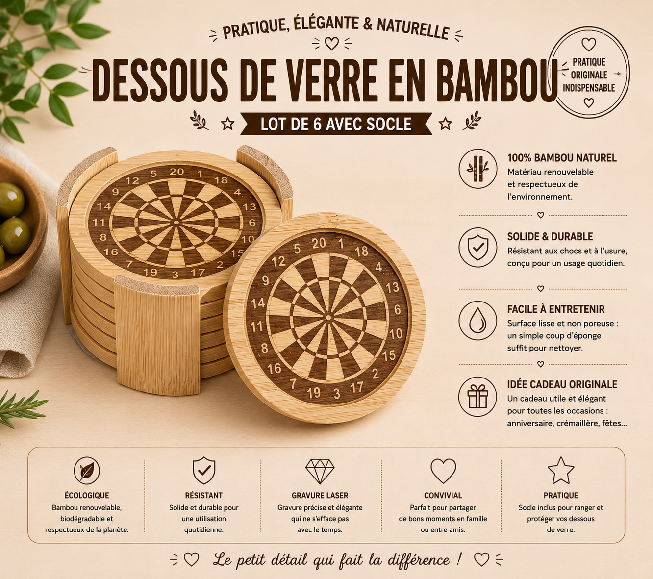 Lot de 6 dessous de verre en bois – Thème fléchettes