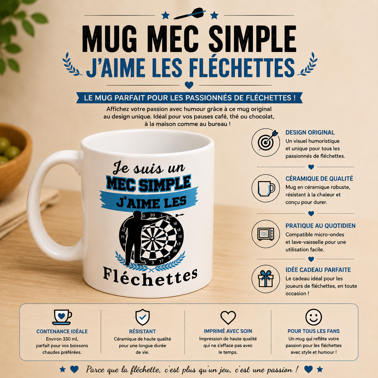 ☕ Mug « Je suis un mec simple, j’aime les fléchettes »