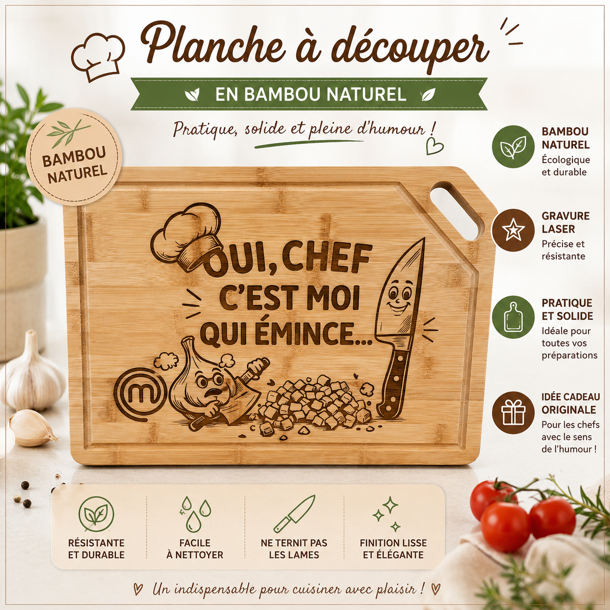 🧑‍🍳 Planche à découper en bambou gravée avec rigole et poignée