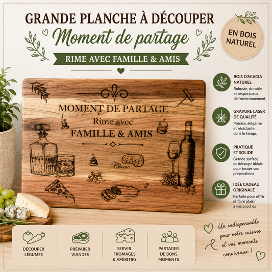🍷 Planche en Bois Gravée - "Moment de Partage rime avec Famille & Amis"