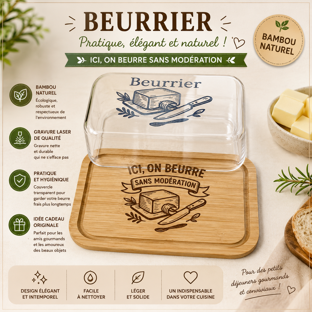 🧈 Beurrier en Bambou & Couvercle Transparent Gravé