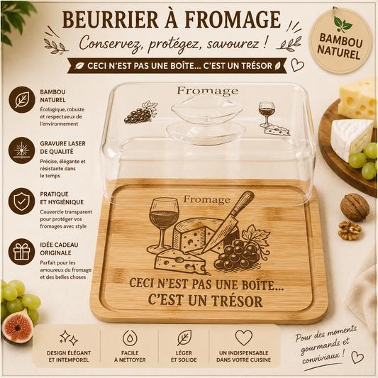 🧀 Cloche à Fromage en Bambou & Couvercle Transparent Gravé