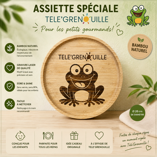 🍽️ Assiette en bambou gravée « TÉLÉ’GRENOUILLE » 🐸
