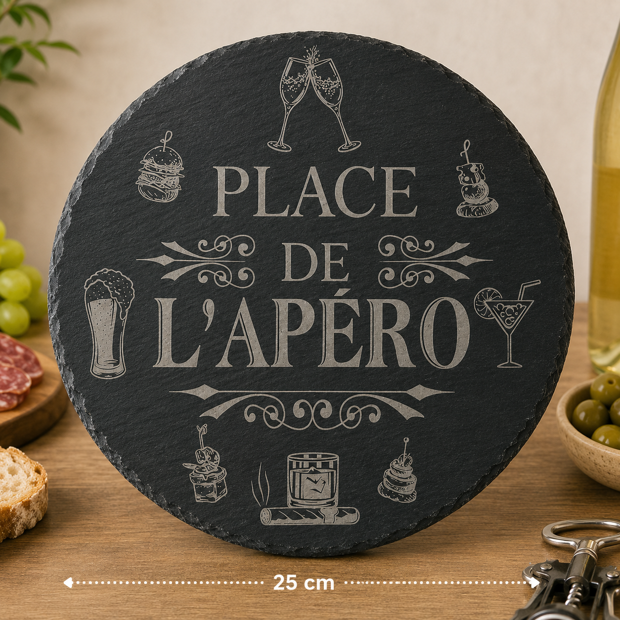 Plateau Tournant en Ardoise Gravée – Place de l’Apéro (≈25 cm)