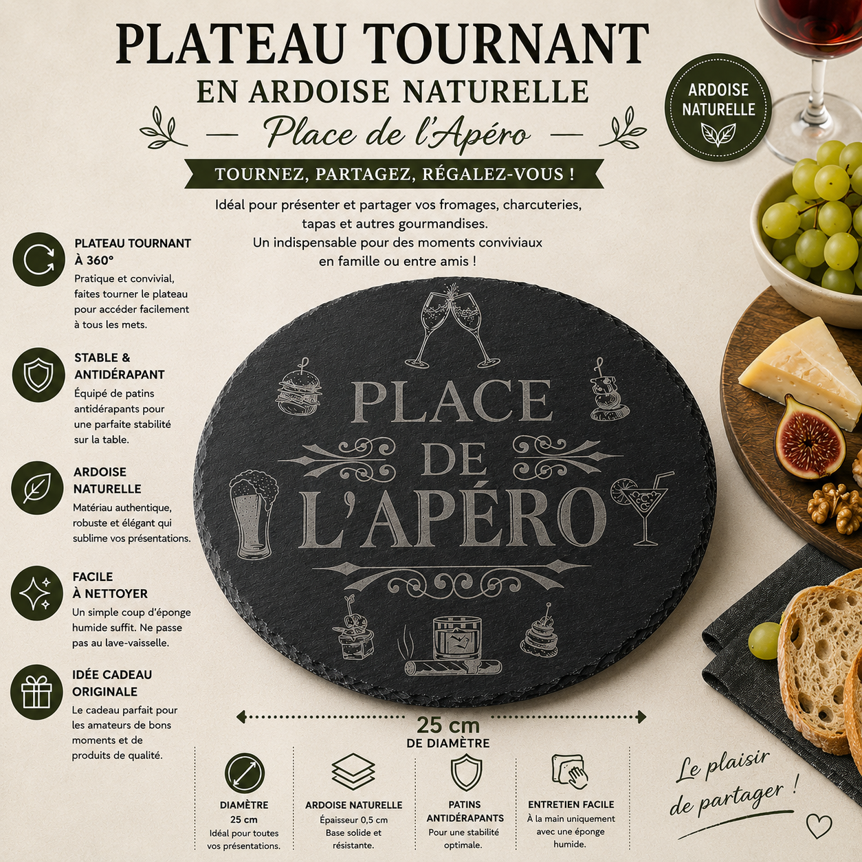 Plateau Tournant en Ardoise Gravée – Place de l’Apéro (≈25 cm)