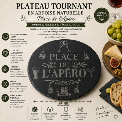 Plateau Tournant en Ardoise Gravée – Place de l’Apéro (≈25 cm)