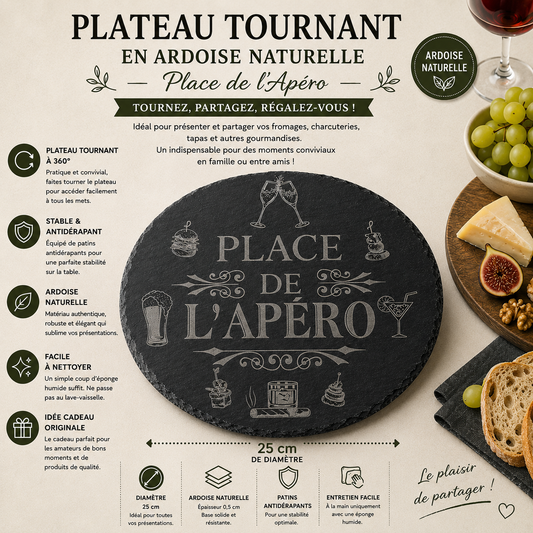Plateau Tournant en Ardoise Gravée – Place de l’Apéro (≈25 cm)