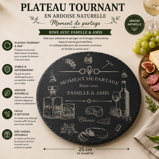 Plateau Tournant en Ardoise Gravée – Moment de Partage (≈25 cm)