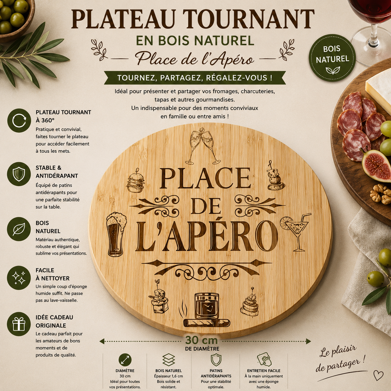 Wooden Rotating Tray – Aperitif Spot (30 cm)