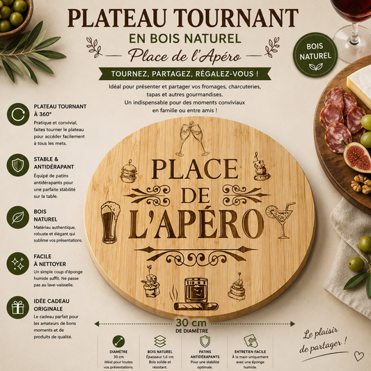 Plateau Tournant en Bois – Place de l’Apéro (30 cm)
