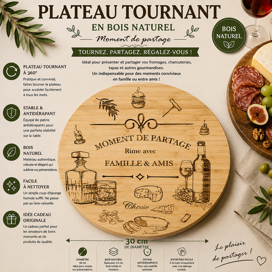 Plateau Tournant en Bois – Moment de Partage (30 cm)