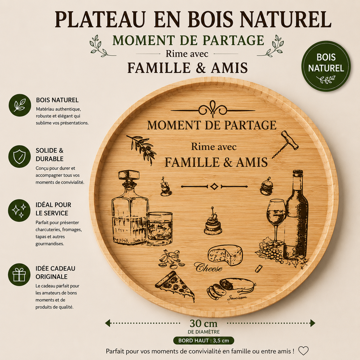 🍷 Engraved Round Bamboo Tray - "Sharing Moments Rhymes with Family & Friends"