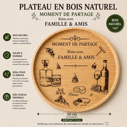 🍷 Engraved Round Bamboo Tray - "Sharing Moments Rhymes with Family & Friends"