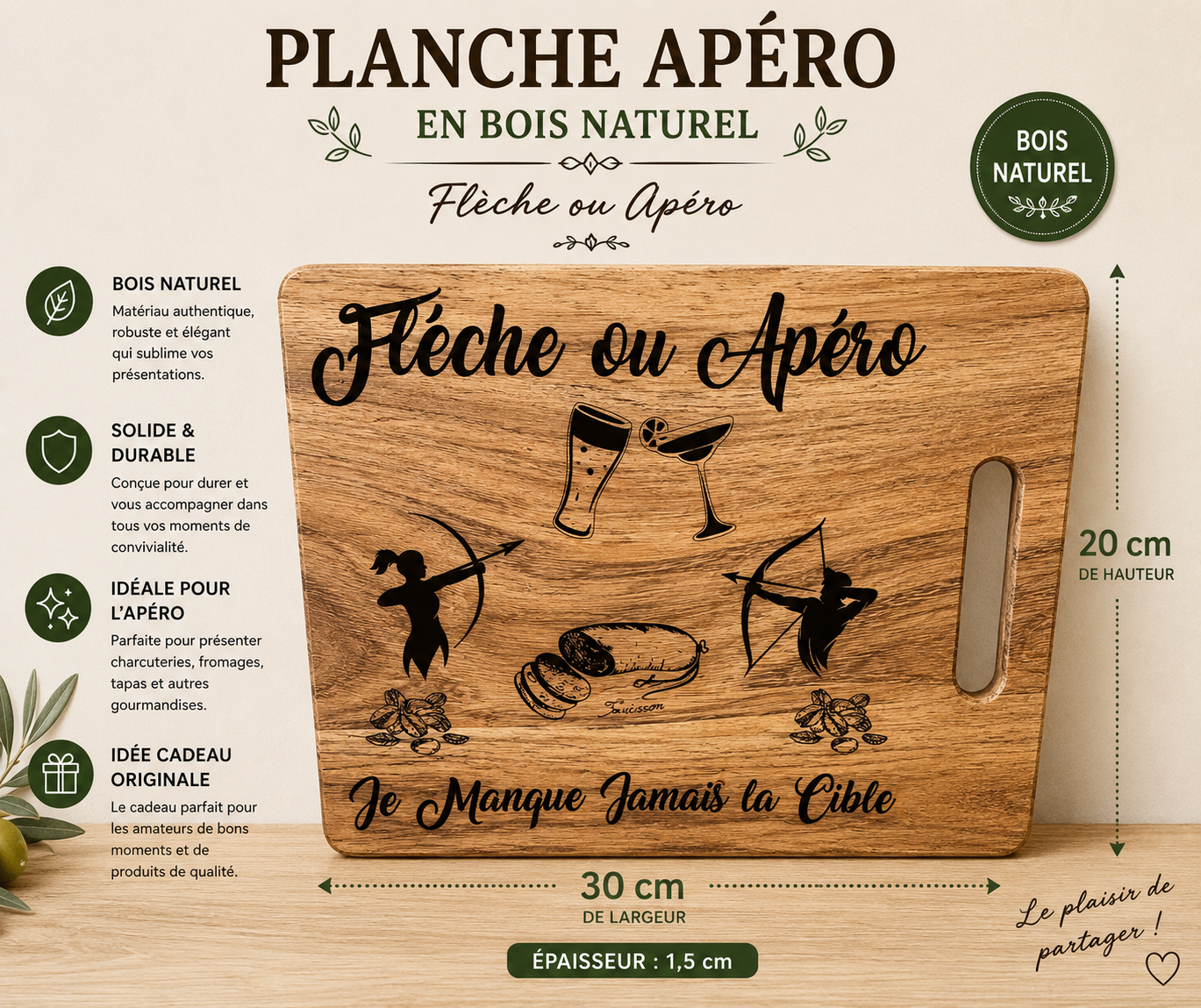 🏹 Planche en Bois Gravée - "Flèche ou Apéro, je manque jamais la Cible"