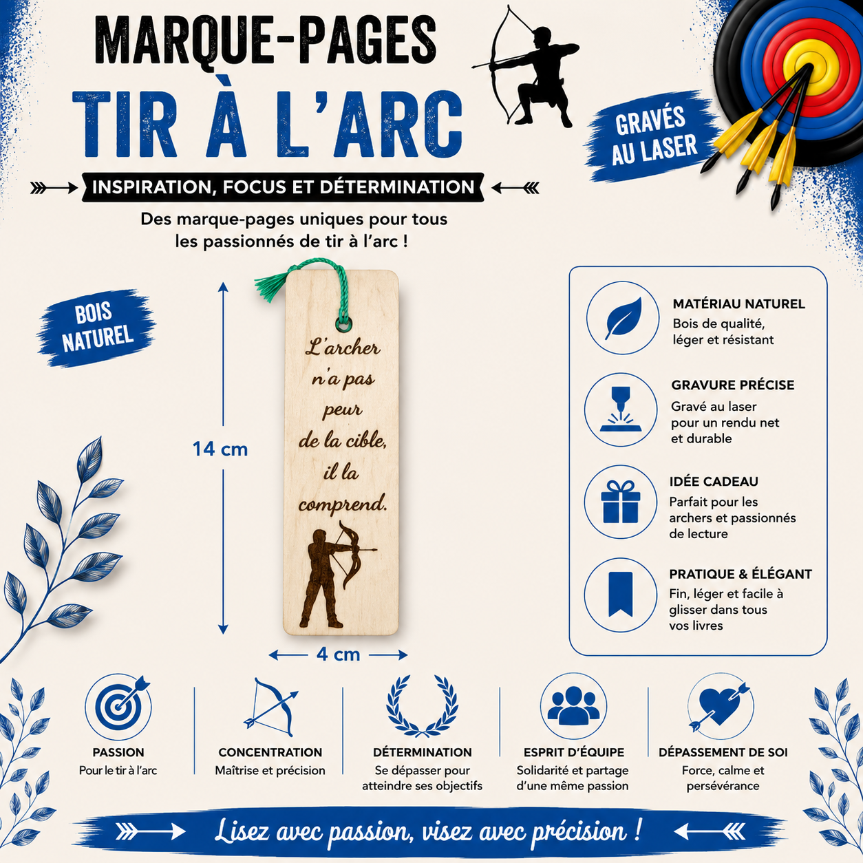 Engraved Wooden Bookmark - Archery Theme