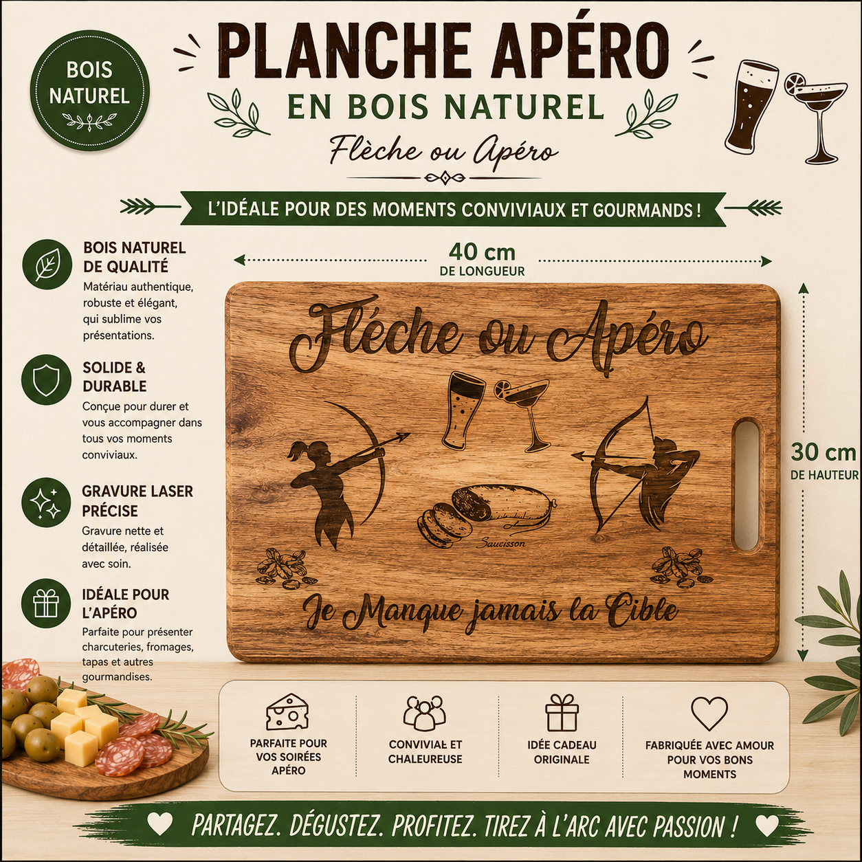 🏹 Engraved Wooden Board - "Archery & Apéro" Collection