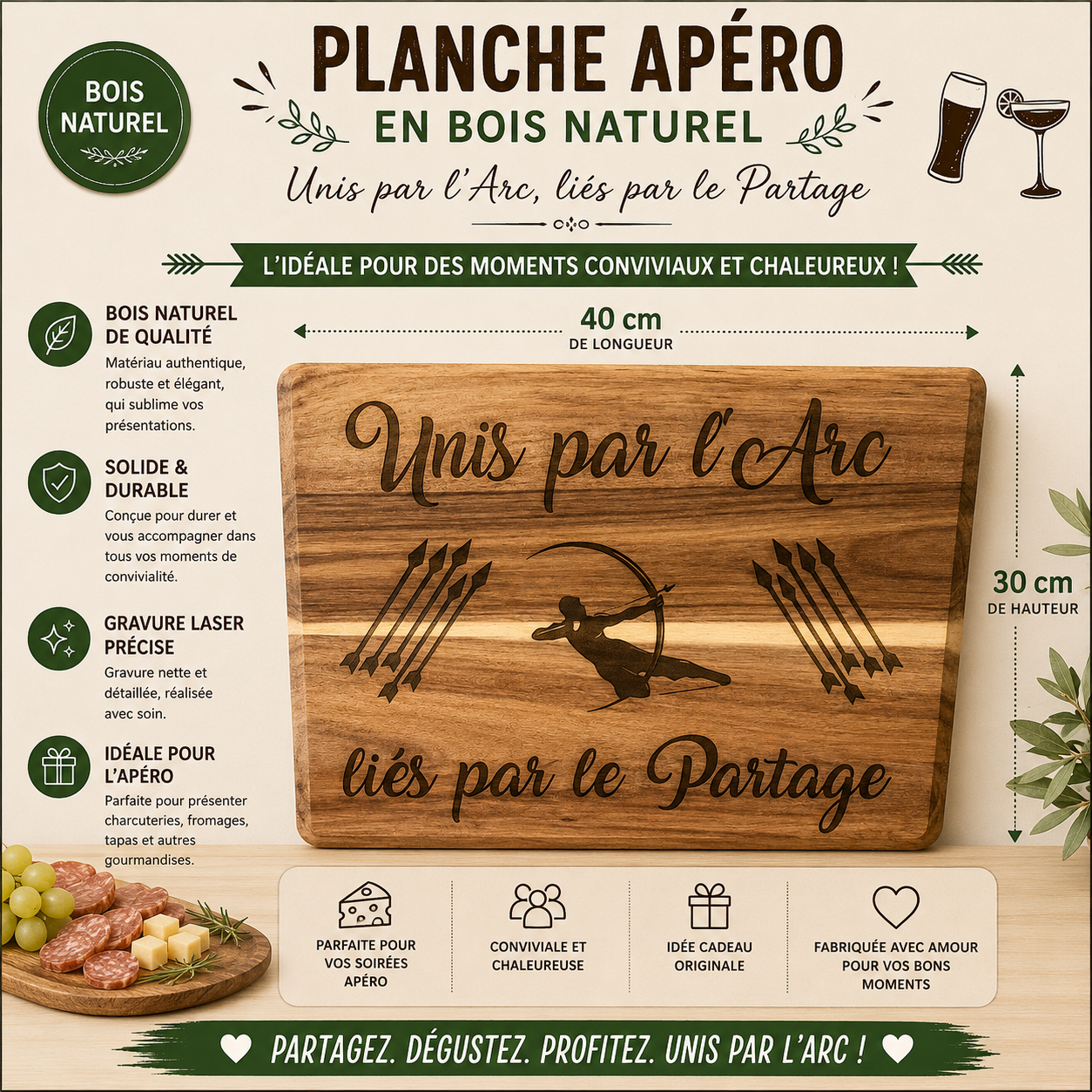 🏹 Engraved Wooden Board - "Archery & Apéro" Collection