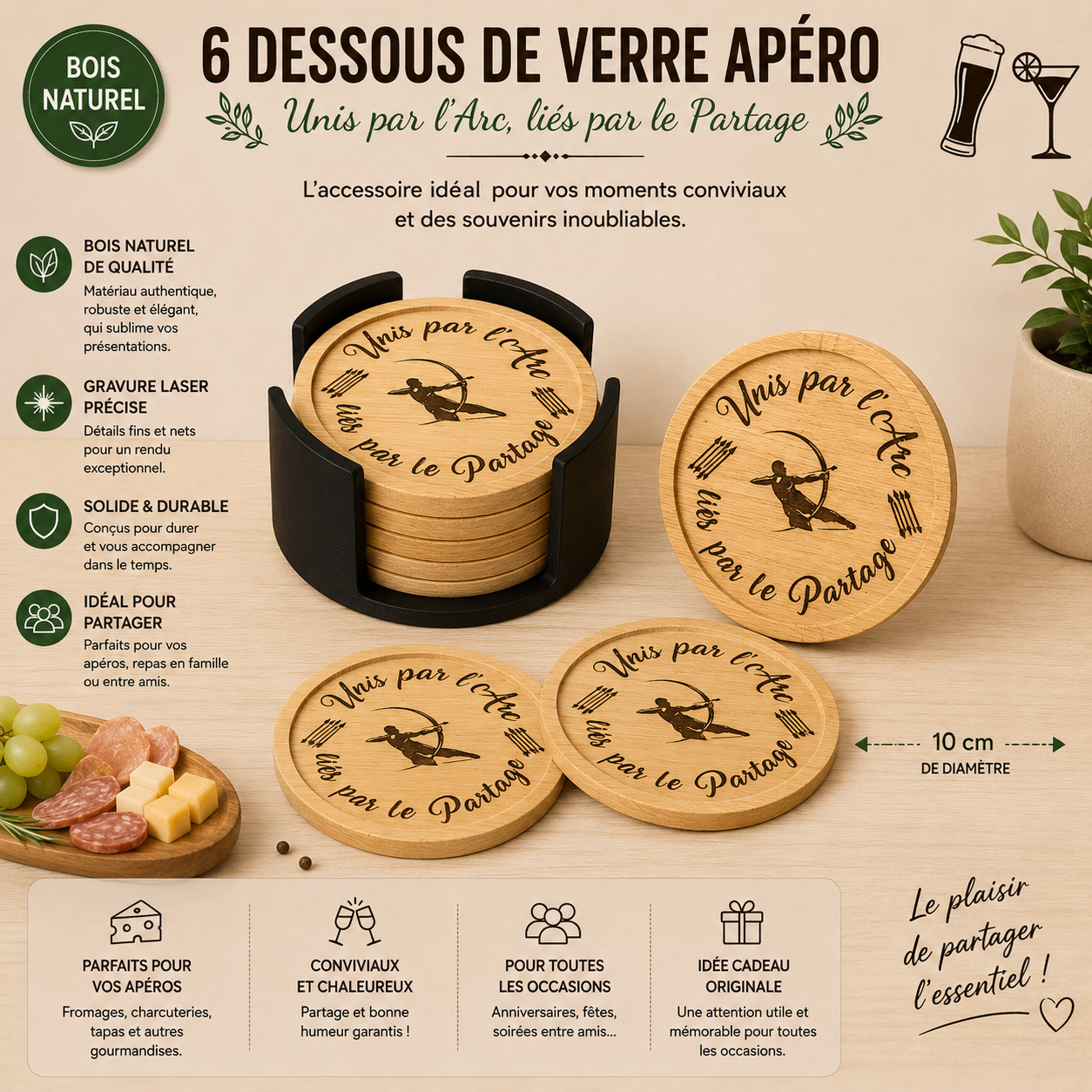 🏹 Set of 6 Engraved Wooden Coasters with Holder - "Archery" Collection (2 Models to choose from)