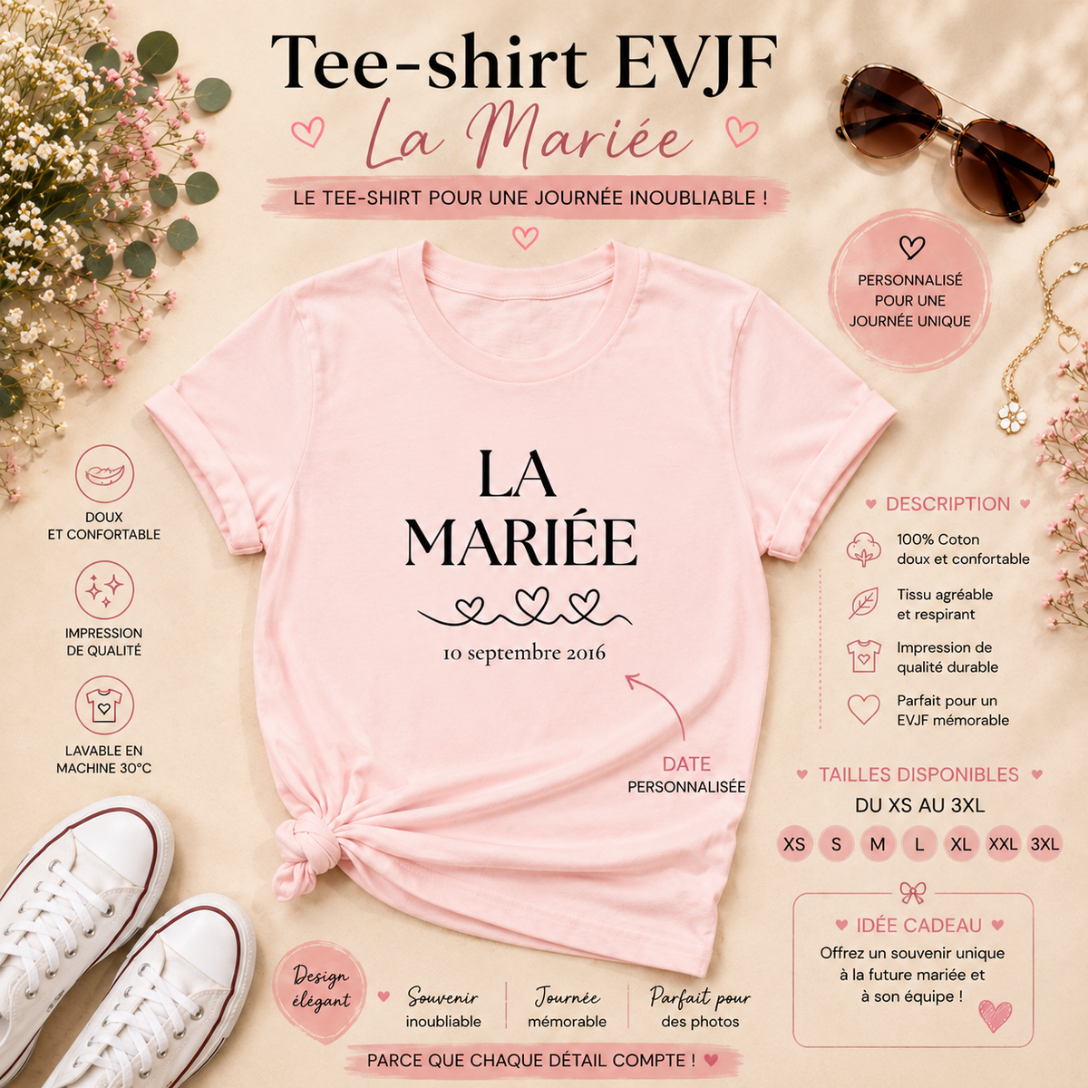 👰‍♀️ T-shirt La Mariée Personnalisé – Avec Date | EVJF & Mariage