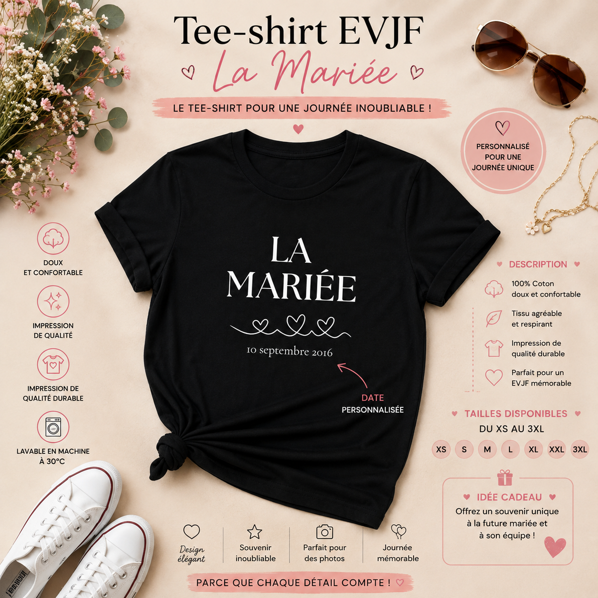 👰‍♀️ T-shirt La Mariée Personnalisé – Avec Date | EVJF & Mariage