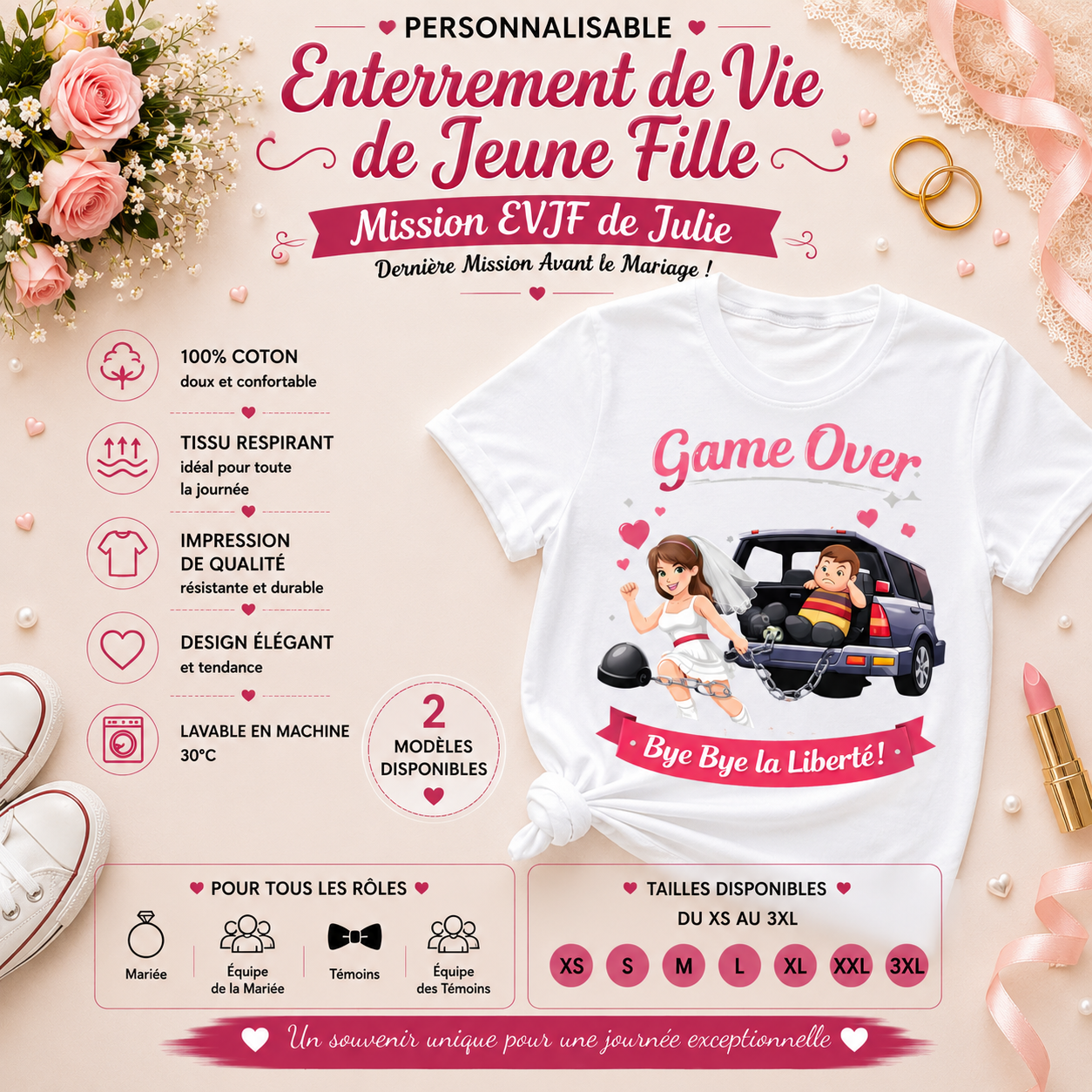 🎉 Personalized Bachelorette T-shirt – Game Over | Bye Bye Freedom!