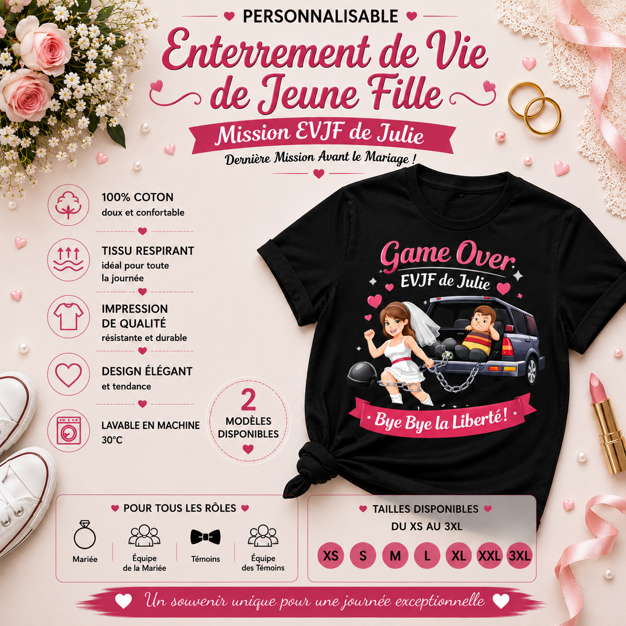 🎉 Personalized Bachelorette T-shirt – Game Over | Bye Bye Freedom!