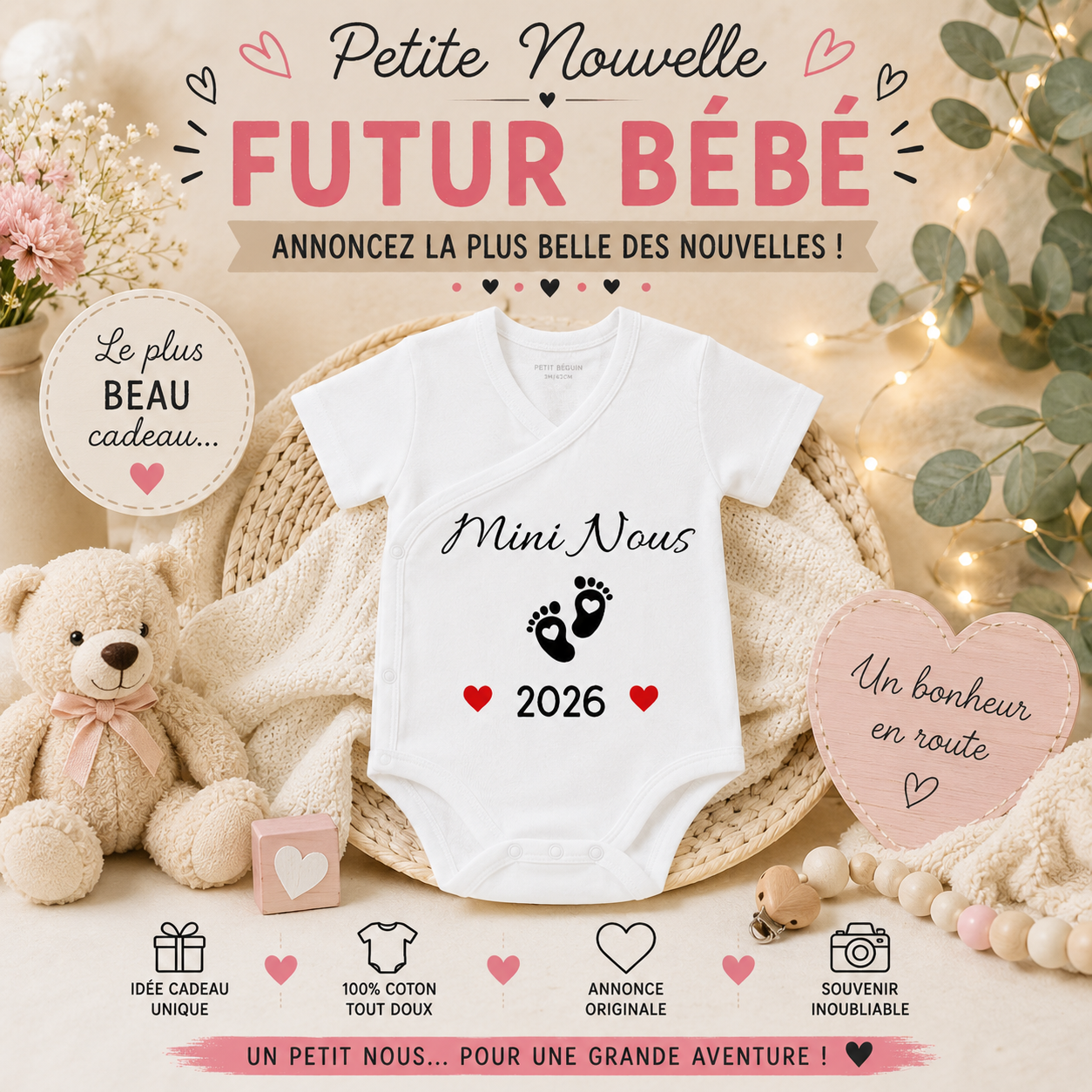 👶 Body Bébé Personnalisé - Annonce Naissance 2026/2027
