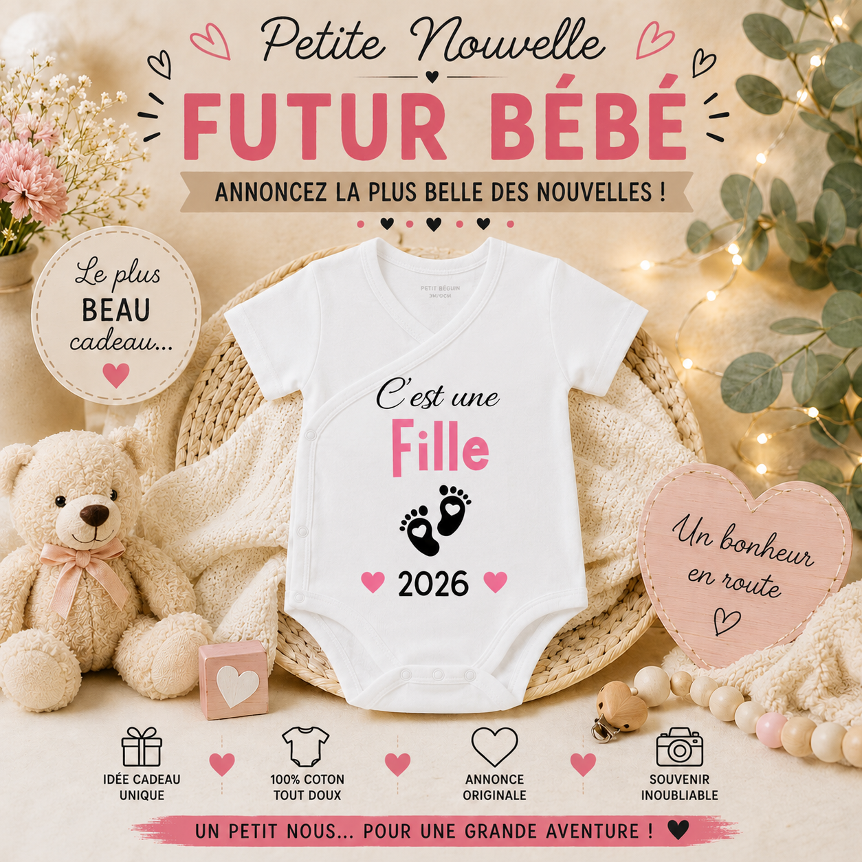 👶 Body Bébé Personnalisé - Annonce Naissance 2026/2027