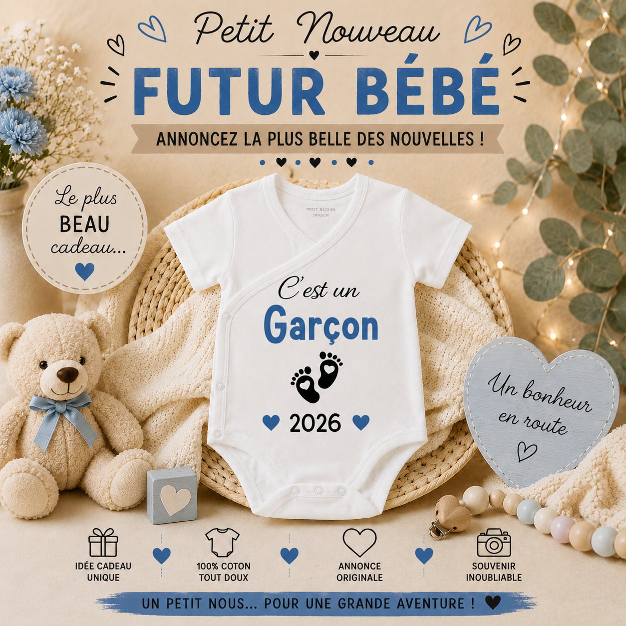 👶 Body Bébé Personnalisé - Annonce Naissance 2026/2027