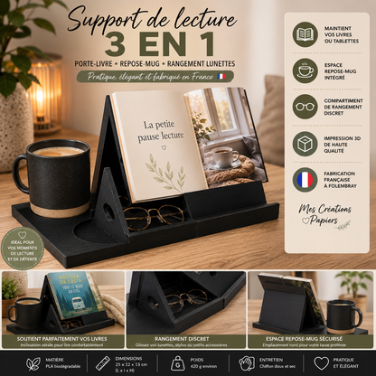 3-in-1 Multifunction Reading Stand - Book Holder, Mug Rest and Glasses Storage