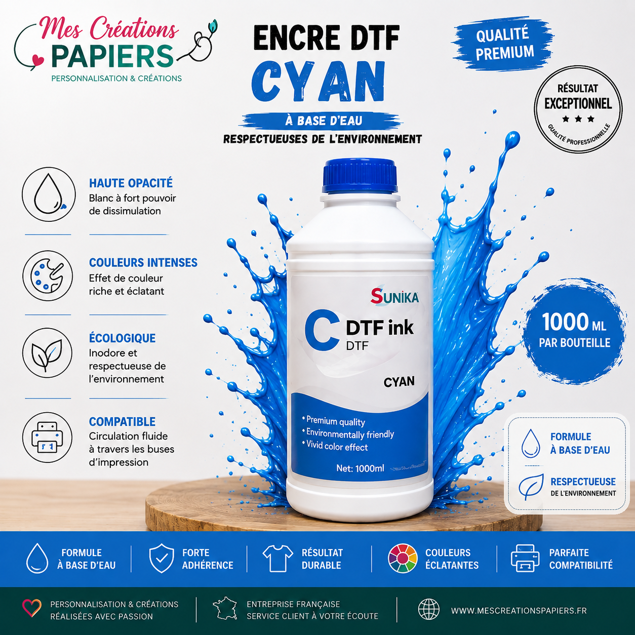 Encre DTF Premium 1000 ml – C/M/Y/W/BK