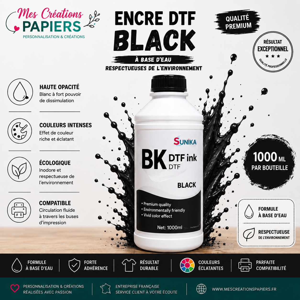 Encre DTF Premium 1000 ml – C/M/Y/W/BK
