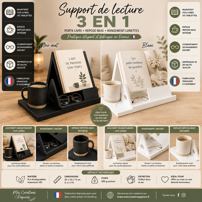 3-in-1 Multifunction Reading Stand - Book Holder, Mug Rest and Glasses Storage