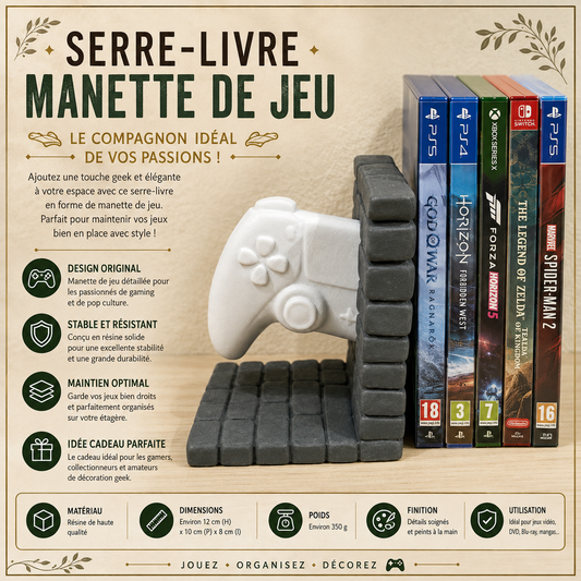 Serre-livres Gaming – Manette incrustée dans un mur de briques DROITE