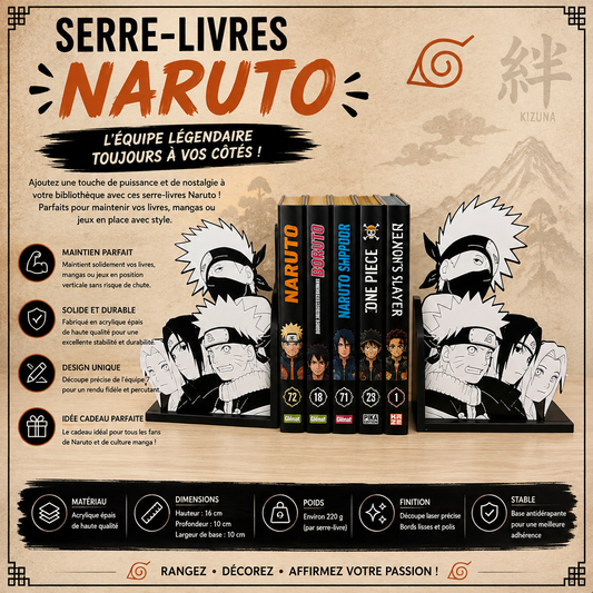 Serre-livres Naruto – Équipe 7 (Kakashi, Naruto, Sasuke, Sakura)