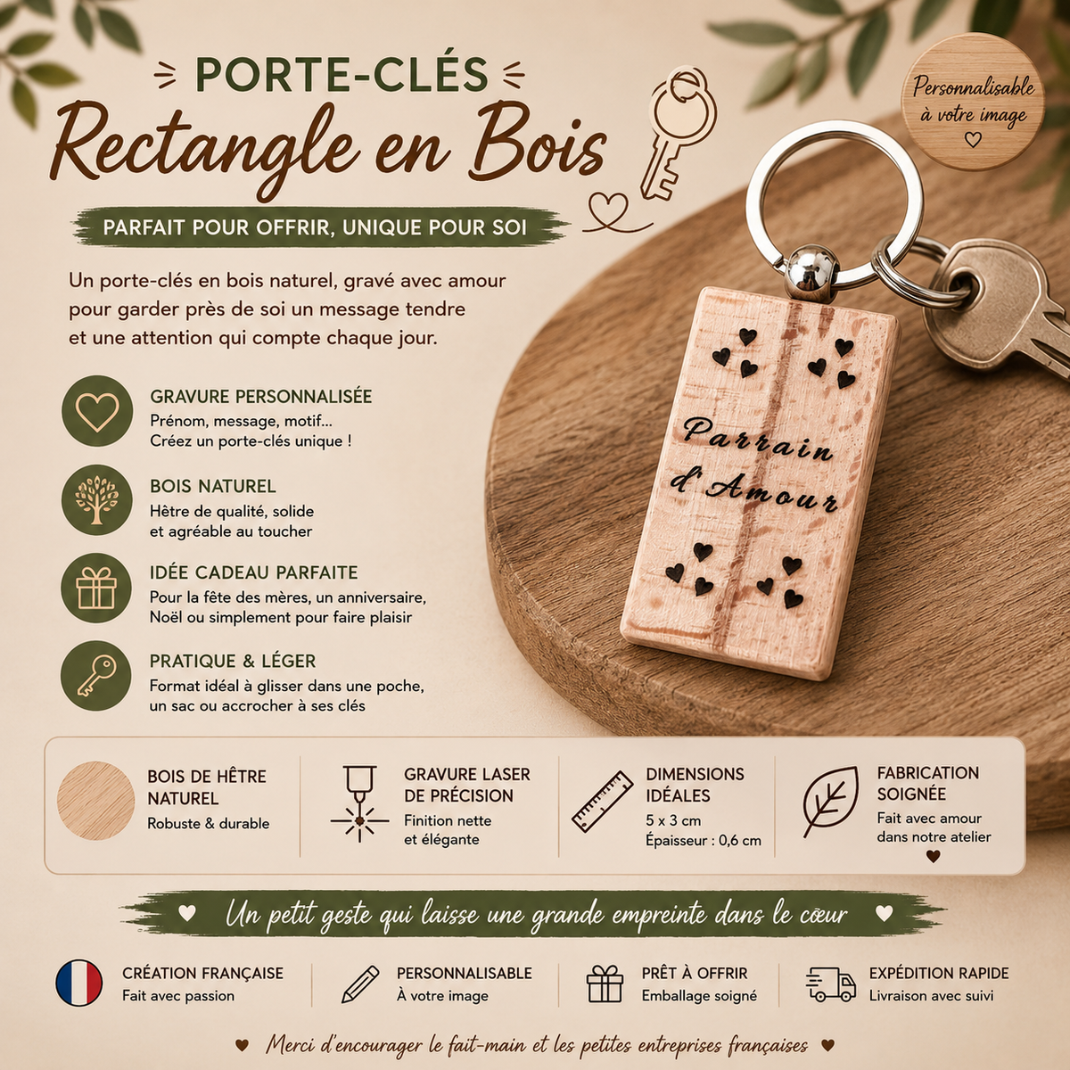 Porte-clés en bois – “d’Amour rectangle