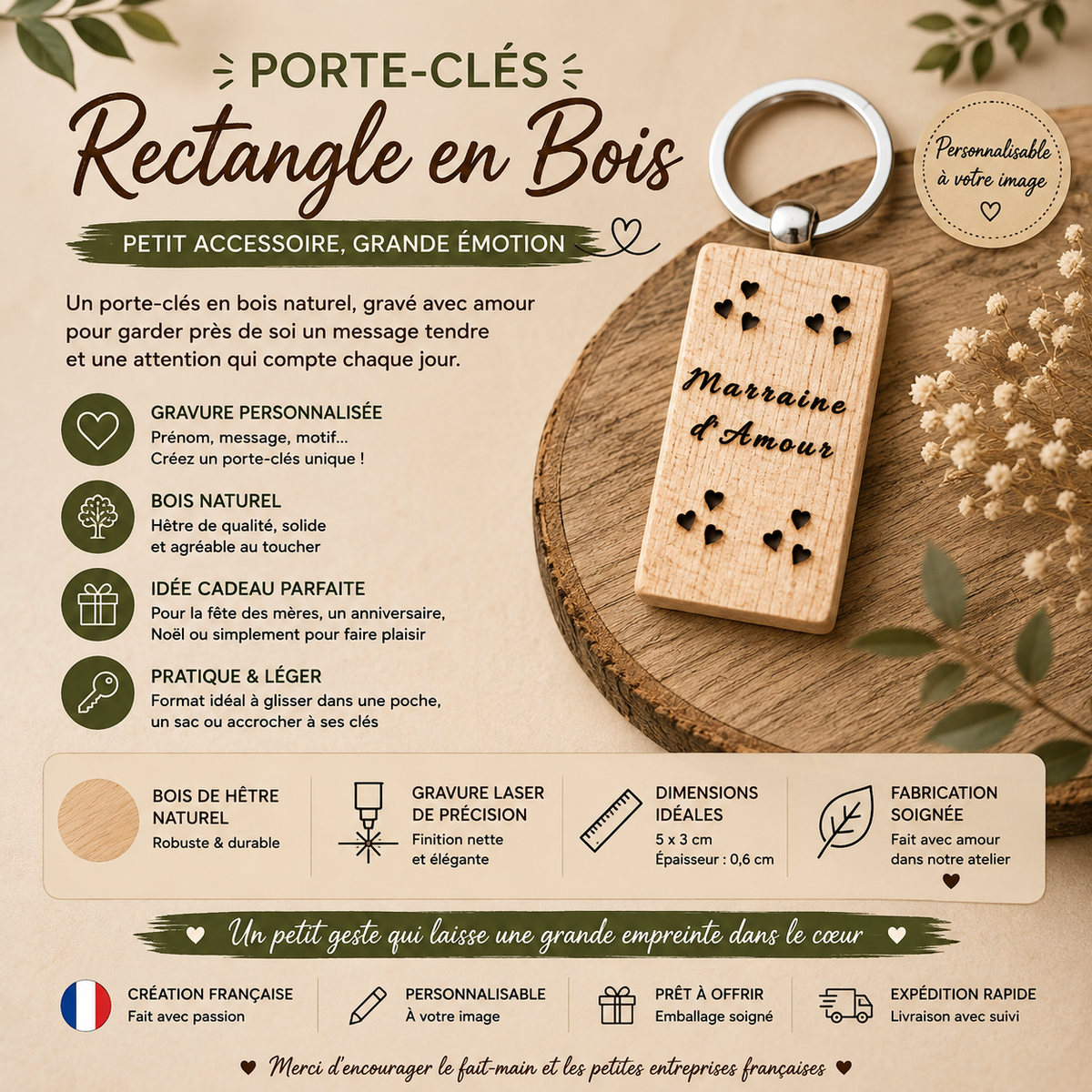 Porte-clés en bois – “d’Amour rectangle