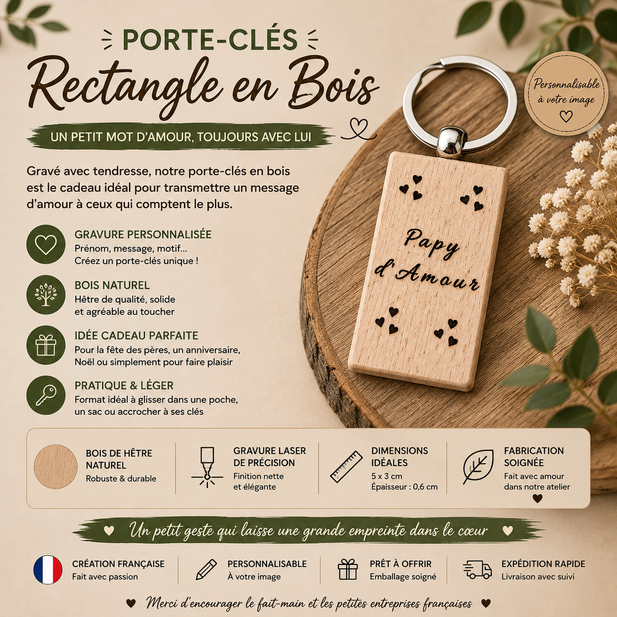 Porte-clés en bois – “d’Amour rectangle