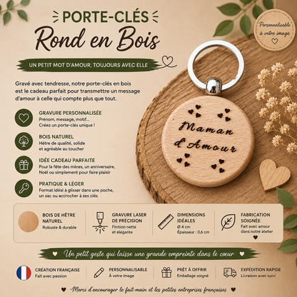 Porte-clés rond en bois – “d’Amour”