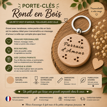 Porte-clés rond en bois – “d’Amour”